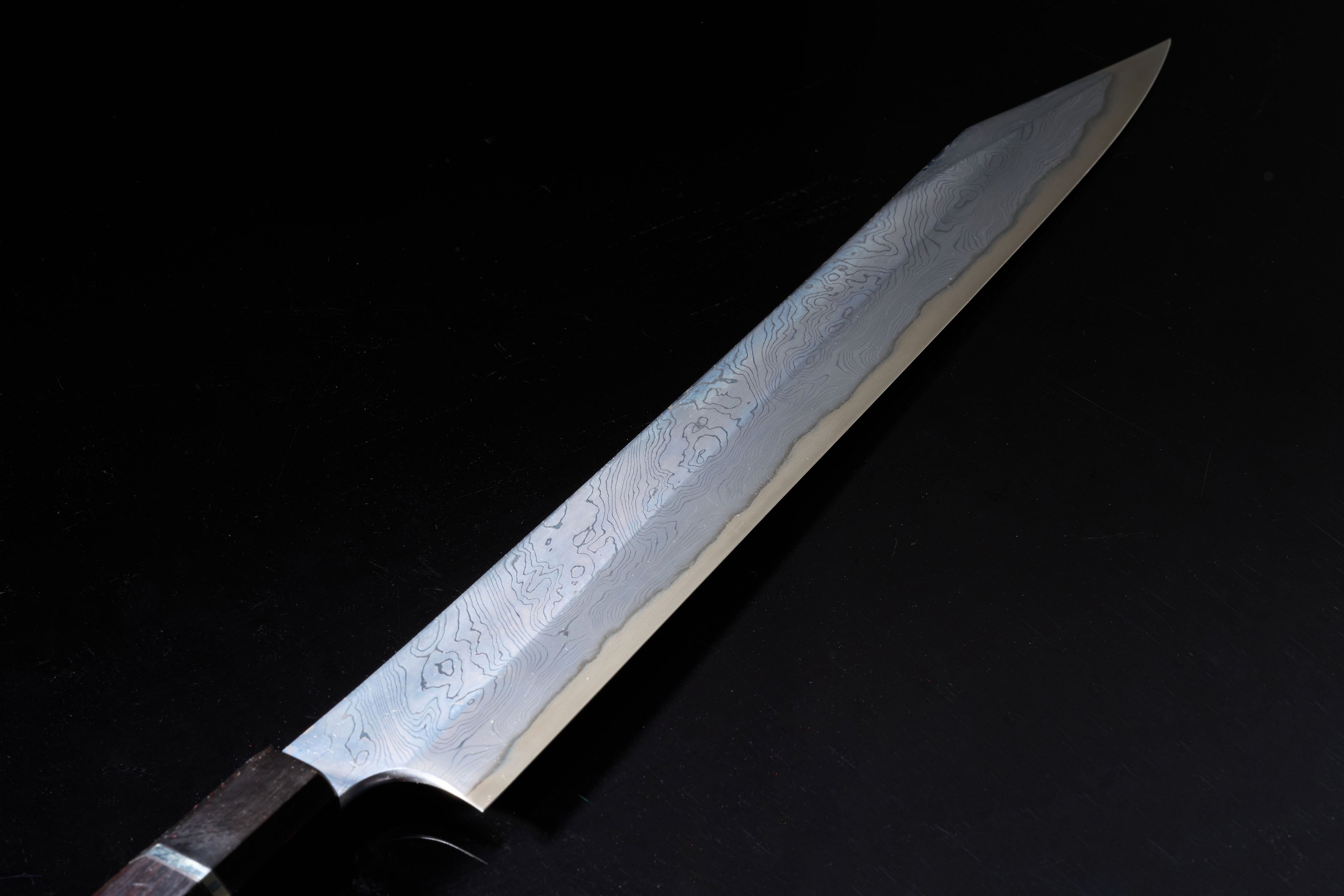 二唐刃物鍛造所日本刺身刀切付柳刃扭转锻造墨流青二钢33cm – GinkaHamono